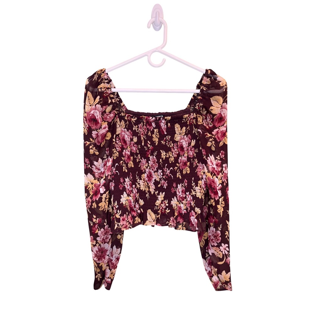 Express Medium Burgundy Floral Smocked Chiffon Long Sleeve Square Neck Crop L